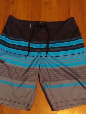 Hurley Black and Turquoise Striped Board Shorts Sz 34